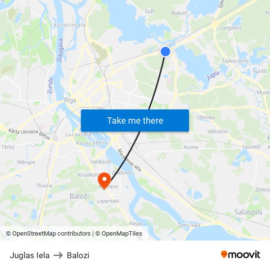 Juglas Iela to Balozi map