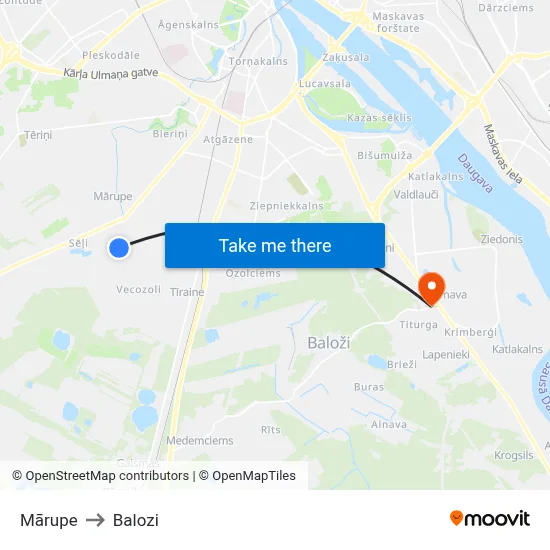 Mārupe to Balozi map