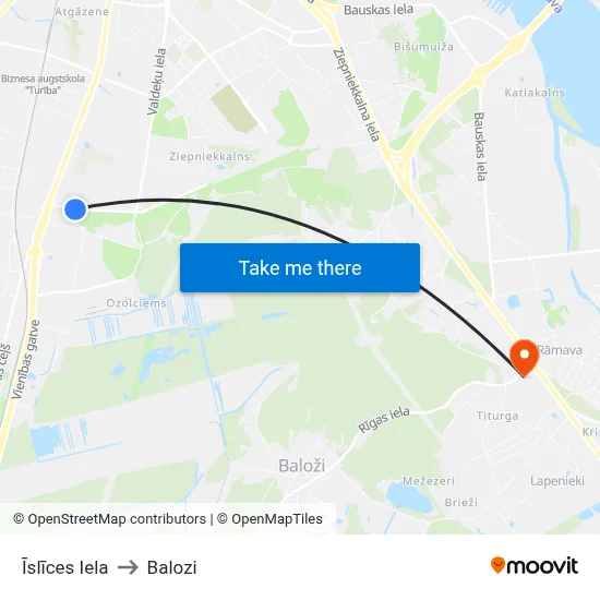 Īslīces Iela to Balozi map