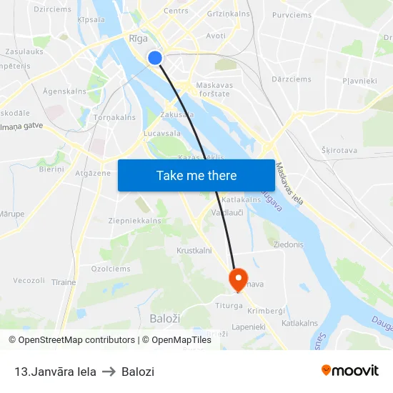 13.Janvāra Iela to Balozi map