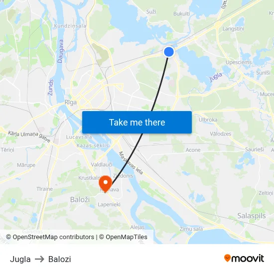 Jugla to Balozi map