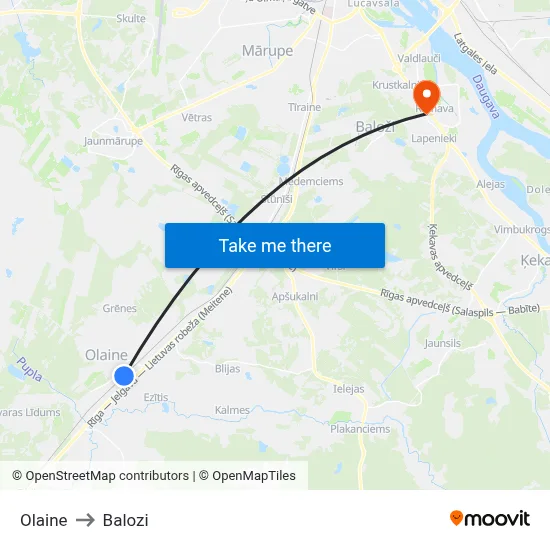 Olaine to Balozi map