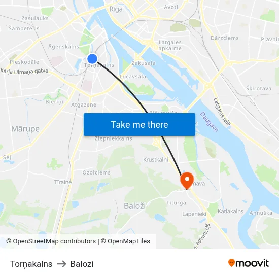 Torņakalns to Balozi map