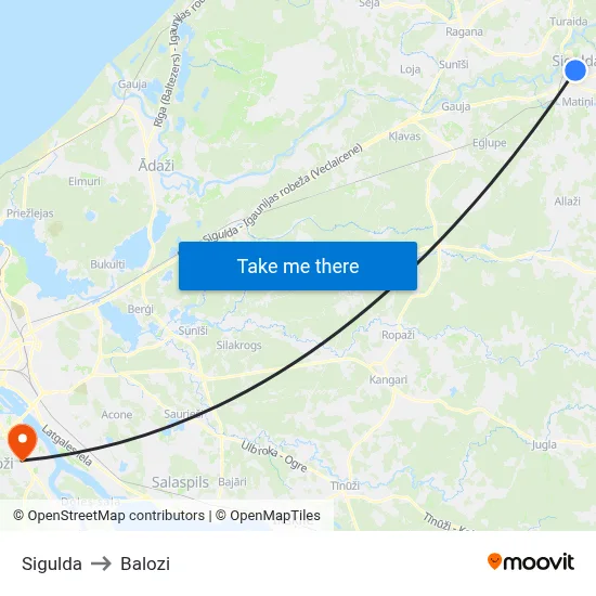 Sigulda to Balozi map