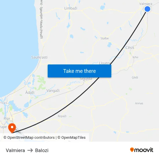 Valmiera to Balozi map