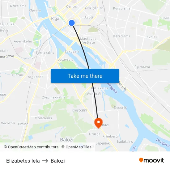 Elizabetes Iela to Balozi map
