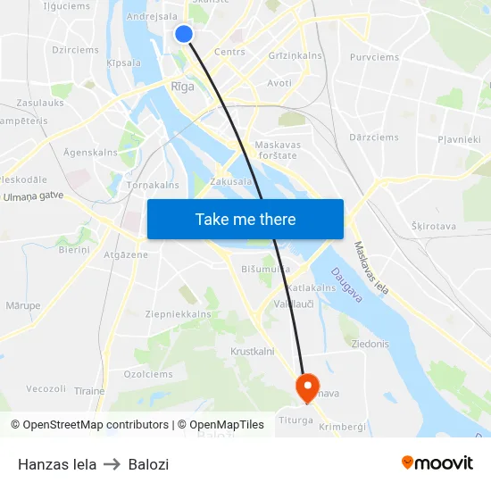 Hanzas Iela to Balozi map