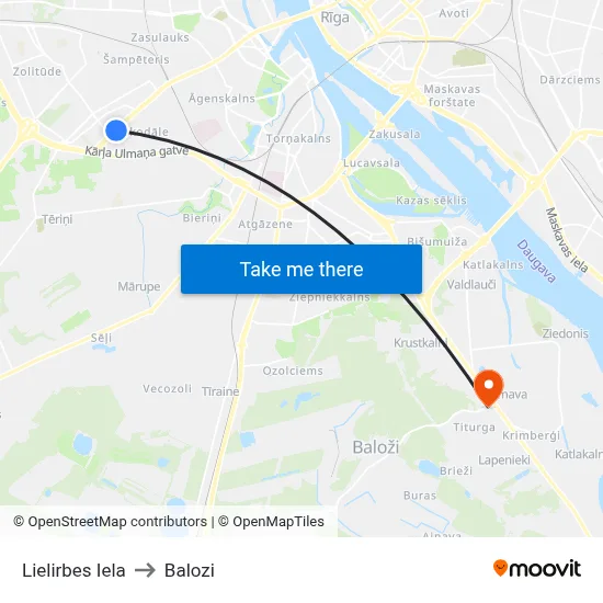 Lielirbes Iela to Balozi map