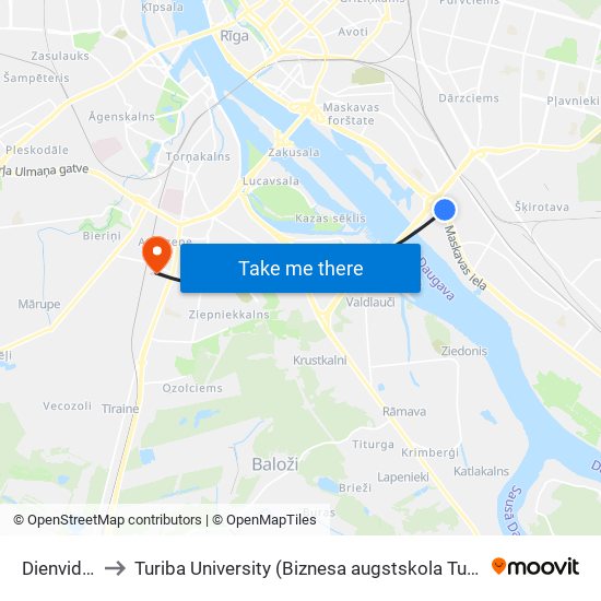 Dienvidu Tilts to Turiba University (Biznesa augstskola Turība | Turiba University) map