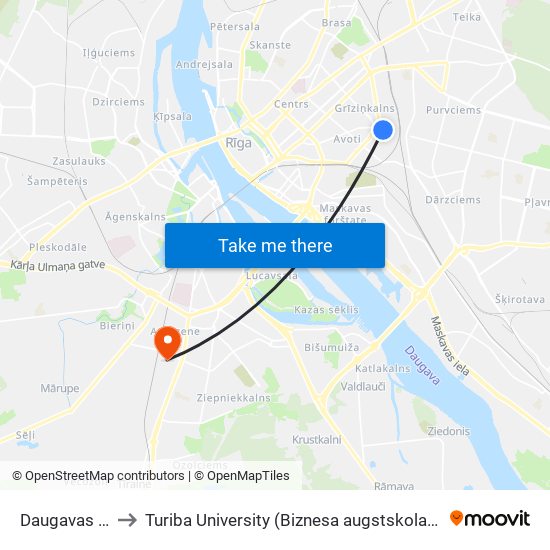 Daugavas Stadions to Turiba University (Biznesa augstskola Turība | Turiba University) map