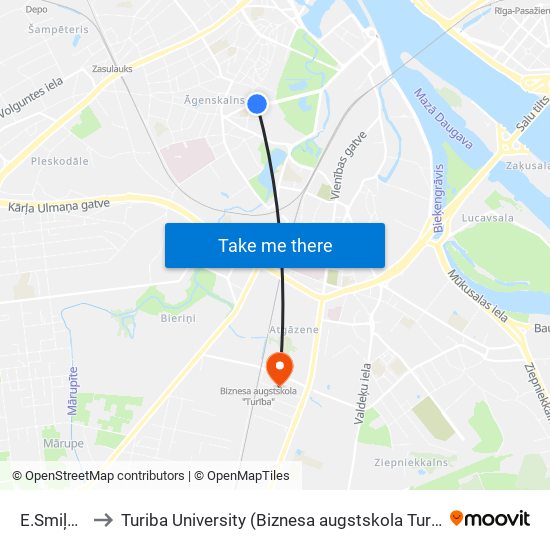 E.Smiļģa Iela to Turiba University (Biznesa augstskola Turība | Turiba University) map