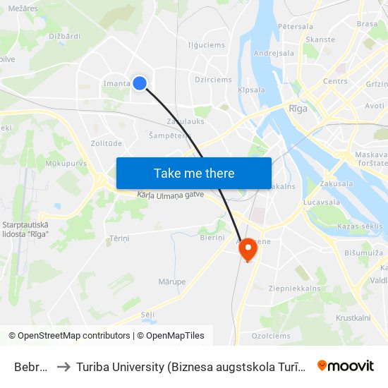Bebru Iela to Turiba University (Biznesa augstskola Turība | Turiba University) map