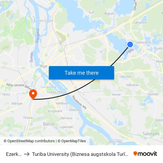 Ezerkrasti to Turiba University (Biznesa augstskola Turība | Turiba University) map