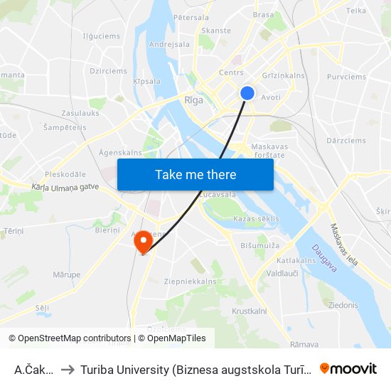 A.Čaka Iela to Turiba University (Biznesa augstskola Turība | Turiba University) map