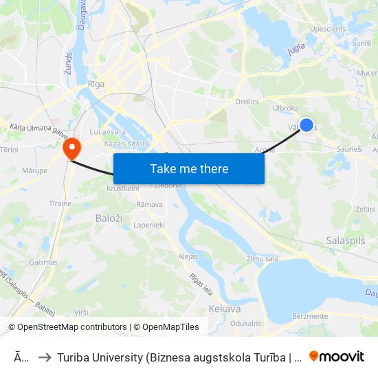 Āvas to Turiba University (Biznesa augstskola Turība | Turiba University) map