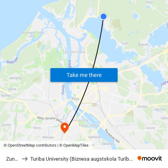 Zundagi to Turiba University (Biznesa augstskola Turība | Turiba University) map