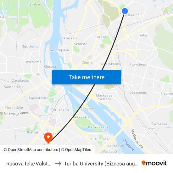 Rusova Iela/Valsts Ieņēmumu Dienests to Turiba University (Biznesa augstskola Turība | Turiba University) map
