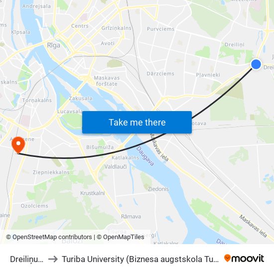 Dreiliņu Pasts to Turiba University (Biznesa augstskola Turība | Turiba University) map