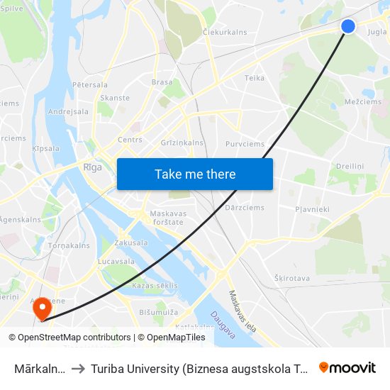 Mārkalnes Iela to Turiba University (Biznesa augstskola Turība | Turiba University) map