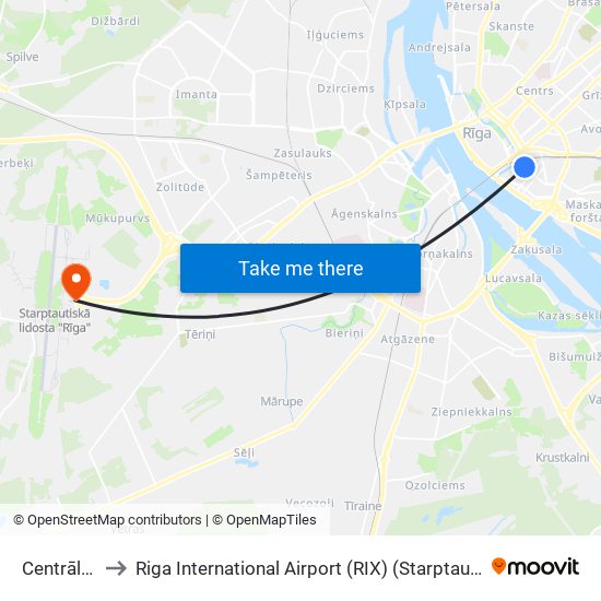 Centrāltirgus to Riga International Airport (RIX) (Starptautiskā lidosta “Rīga”) map