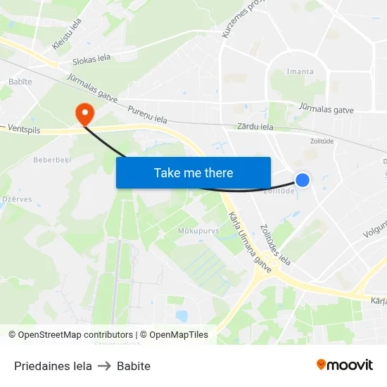 Priedaines Iela to Babite map
