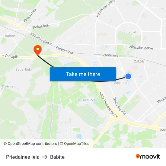 Priedaines Iela to Babite map