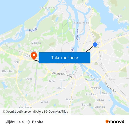 Klijānu Iela to Babite map