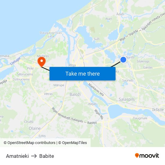 Amatnieki to Babite map