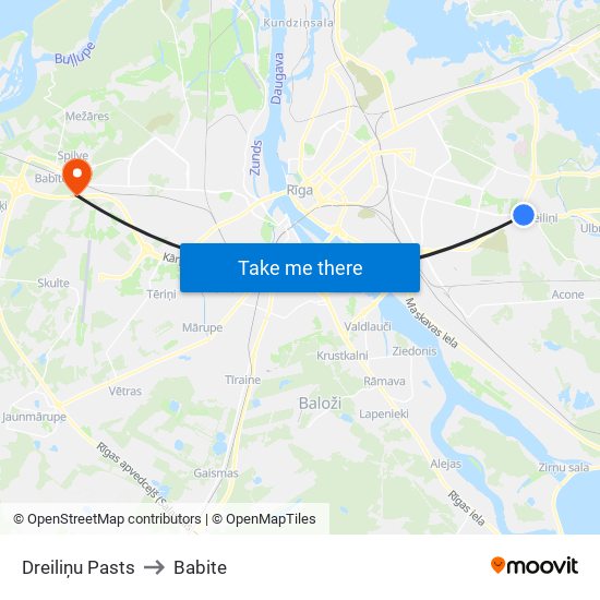 Dreiliņu Pasts to Babite map