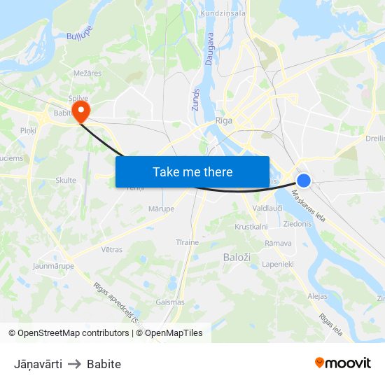 Jāņavārti to Babite map