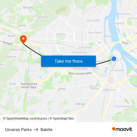 Uzvaras Parks to Babite map
