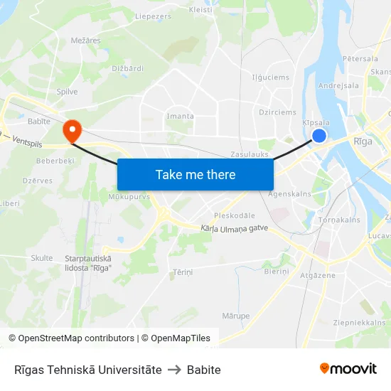 Rīgas Tehniskā Universitāte to Babite map