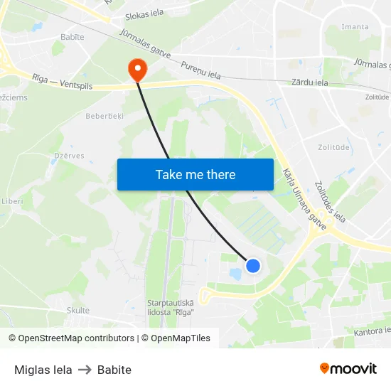 Miglas Iela to Babite map