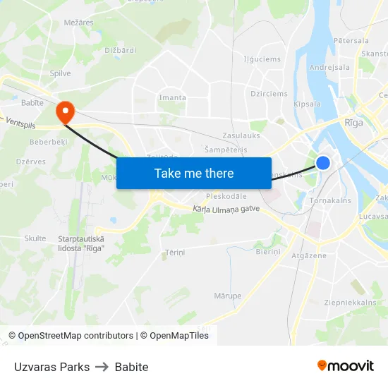 Uzvaras Parks to Babite map