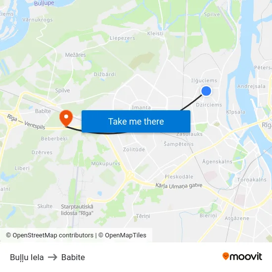 Buļļu Iela to Babite map