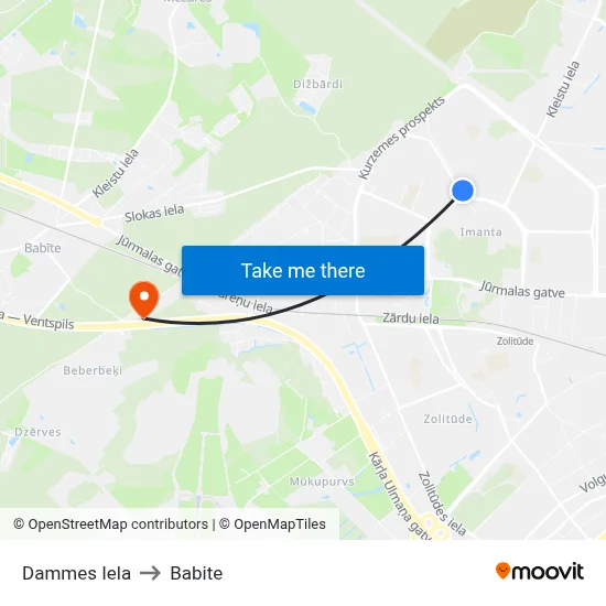 Dammes Iela to Babite map