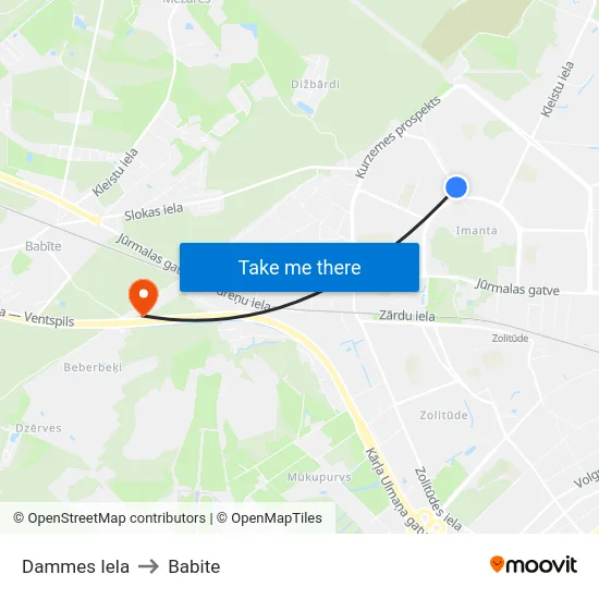 Dammes Iela to Babite map