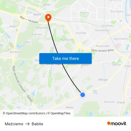 Mežciems to Babite map