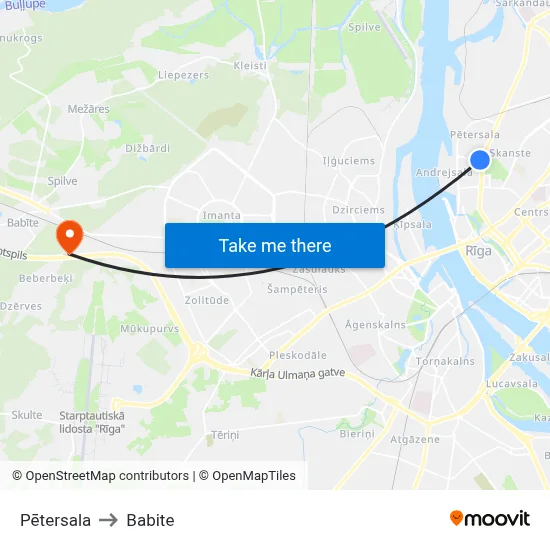 Pētersala to Babite map