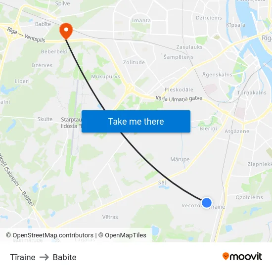 Tīraine to Babite map