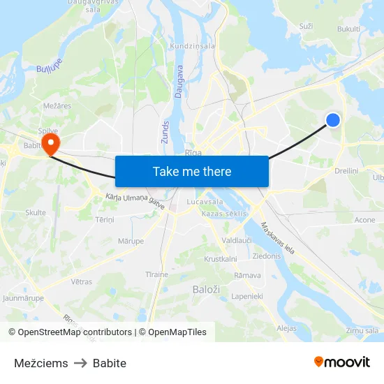 Mežciems to Babite map