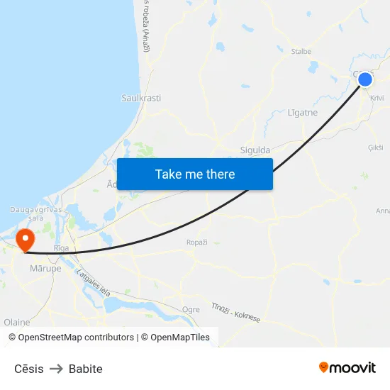 Cēsis to Babite map