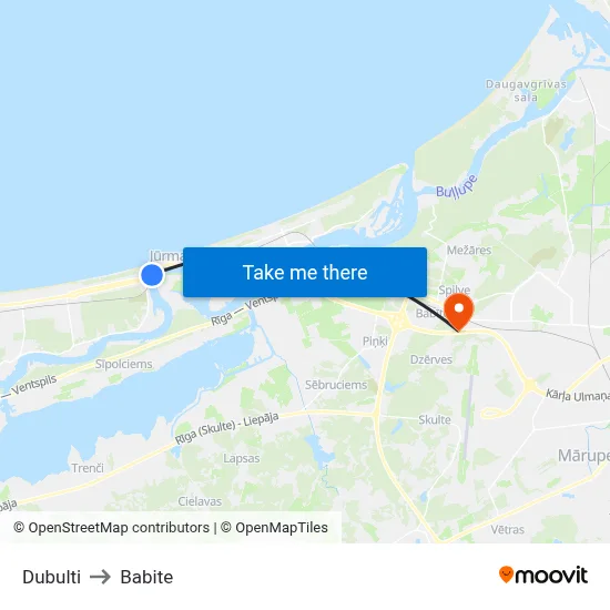 Dubulti to Babite map
