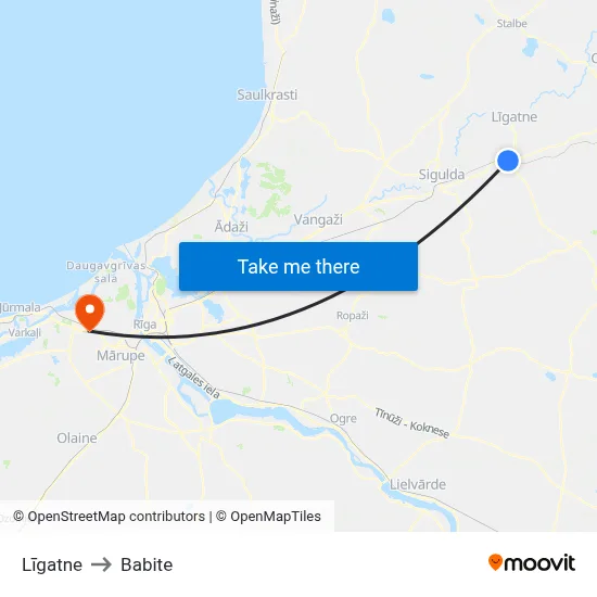 Līgatne to Babite map