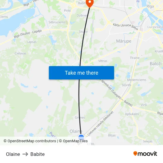 Olaine to Babite map