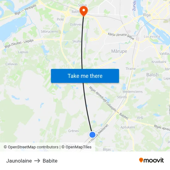 Jaunolaine to Babite map