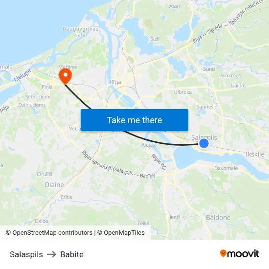 Salaspils to Babite map