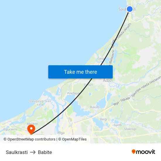 Saulkrasti to Babite map