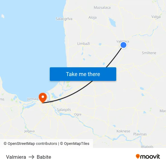 Valmiera to Babite map