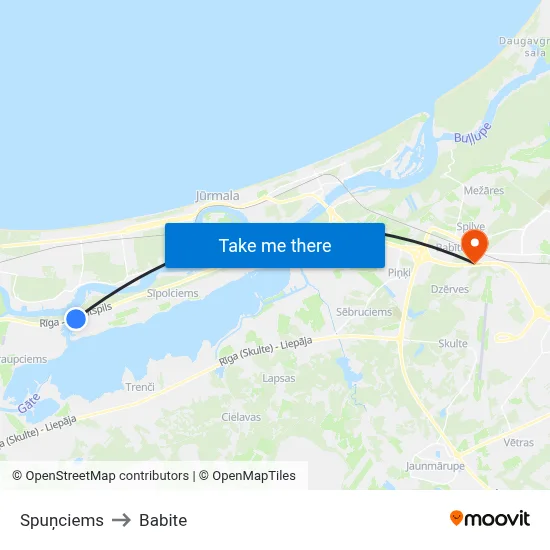 Spuņciems to Babite map
